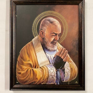 Padre Pio Saint Pius of Pietrelcina Picture Bronze Brown Frame Wall Art Home Décor Imagen Cuadro Catholic Religious Art Christian Gift