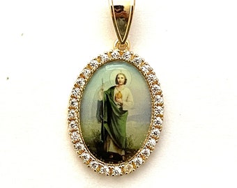 St. Jude Thaddeus CZ 14K Gold Plated Pendant Charm San Judas Tadeo Medalla Dije Oro Laminado Catholic Christian Religious Gift