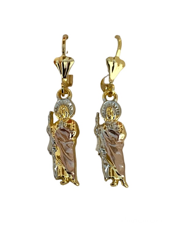 St Jude Tri-color Gold Plated Earrings San Judas Aretes Oro