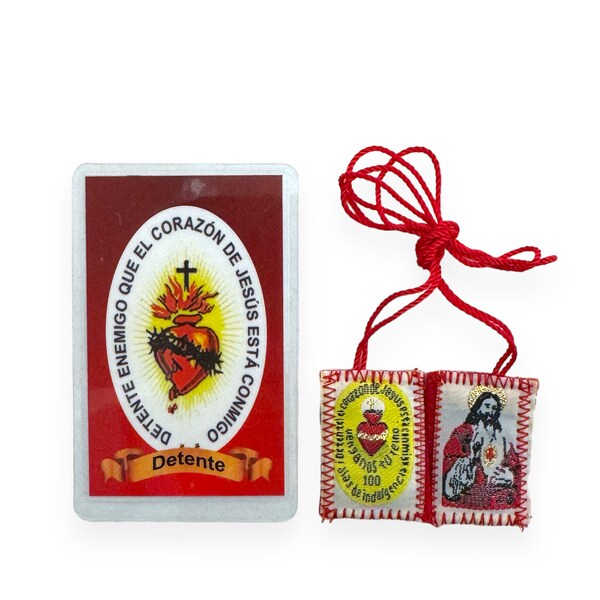 Sacred Heart of Jesus Detente Spanish Holy Prayer Card w/ Scapular Gift Set Sagrado Corazon de Jesus Detente Escapulario y Tarjeta Oracion