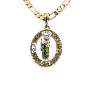 Gold Plated St Jude Pendant Stones Green Necklace Pendant Charm Chain San Judas Tadeo Dije Medalla Cadena Oro Laminado Unisex Gift Catholic