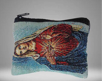 Immaculate Heart of Mary Virgin Rosary Pouch Tapestry Cloth Woven Bag Pouch Coins Purse Two-Sided 4" x 5.5" Bolsa Rosario Virgen Maria