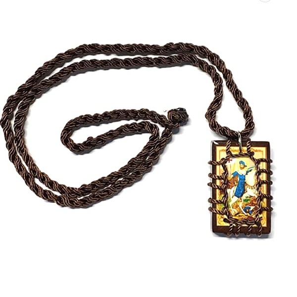 St. James Brown Wooden Wood Scapular Necklace Rectangular Pendant Woven Corded Roped San Santiago Escapulario Collar Religious Catholic Gift