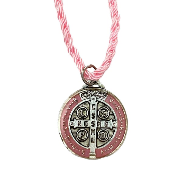 St. Benedict Pink Medal Pendant Charm Corded Necklace Protection Catholic Roman Cross Gift Medalla de San Benito Collar Men's Women's Teens
