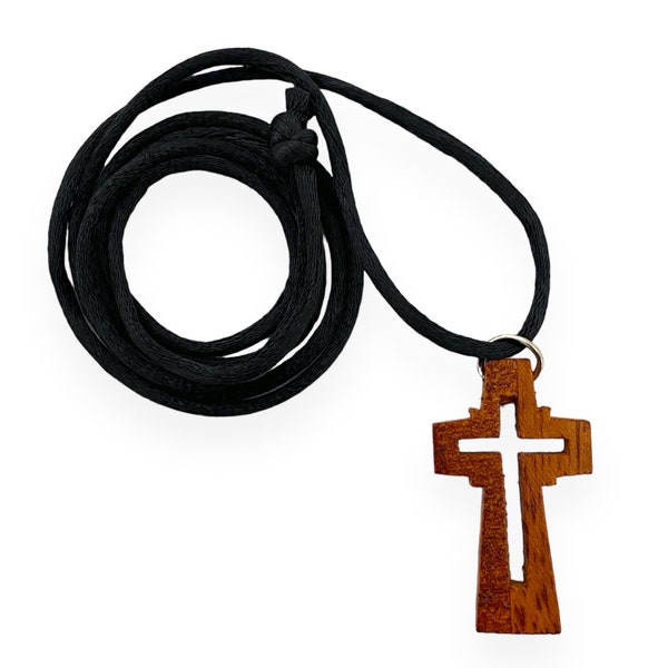 Brown Wooden Cross Pendant Charm with Black Satin Cord String Necklace Unisex Men Women Teens Christian Catholic Religious Gift Jesus Cuz