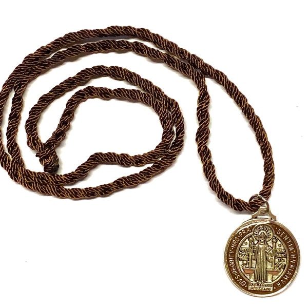 St. Benedict Brown Medal Pendant Charm Corded Necklace Protection Catholic Roman Cross Gift Medalla de San Benito Collar Men's Women's Teens
