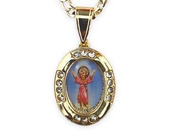 Holy Divine Child Jesus CZ 14K Gold Plated Pendant Charm Necklace Chain Divino Nino Medalla Cadena Collar Oro Laminado Catholic Gift