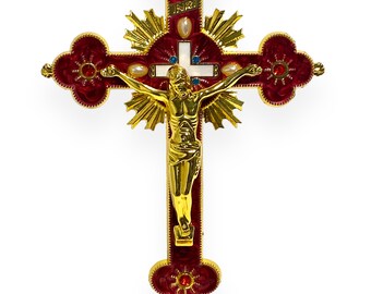 Jesus Christ Red Gold Tone Metal Standing Cross Crucifix 8" Home Decor First Communion Confirmation Catholic Christian Religious Gift