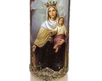 Our Lady of Mount Carmel Virgin 8" Devotional Candle Cirio Paschal Easter Lent Cirio Pascual Virgen del Carmen Vela Catholic Religious Gift