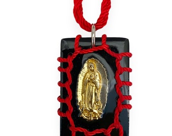 Our Lady of Guadalupe Virgin Mary Red Black Reversible Wood Scapular Necklace Pendant Corded Virgen de Guadalape Escapulario Catholic Gift