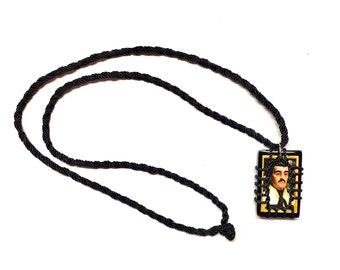 Jesus Malverde Black Wooden Wood Scapular Necklace Rectangular Pendant Woven Corded Roped Escapulario Gift Keepsake C