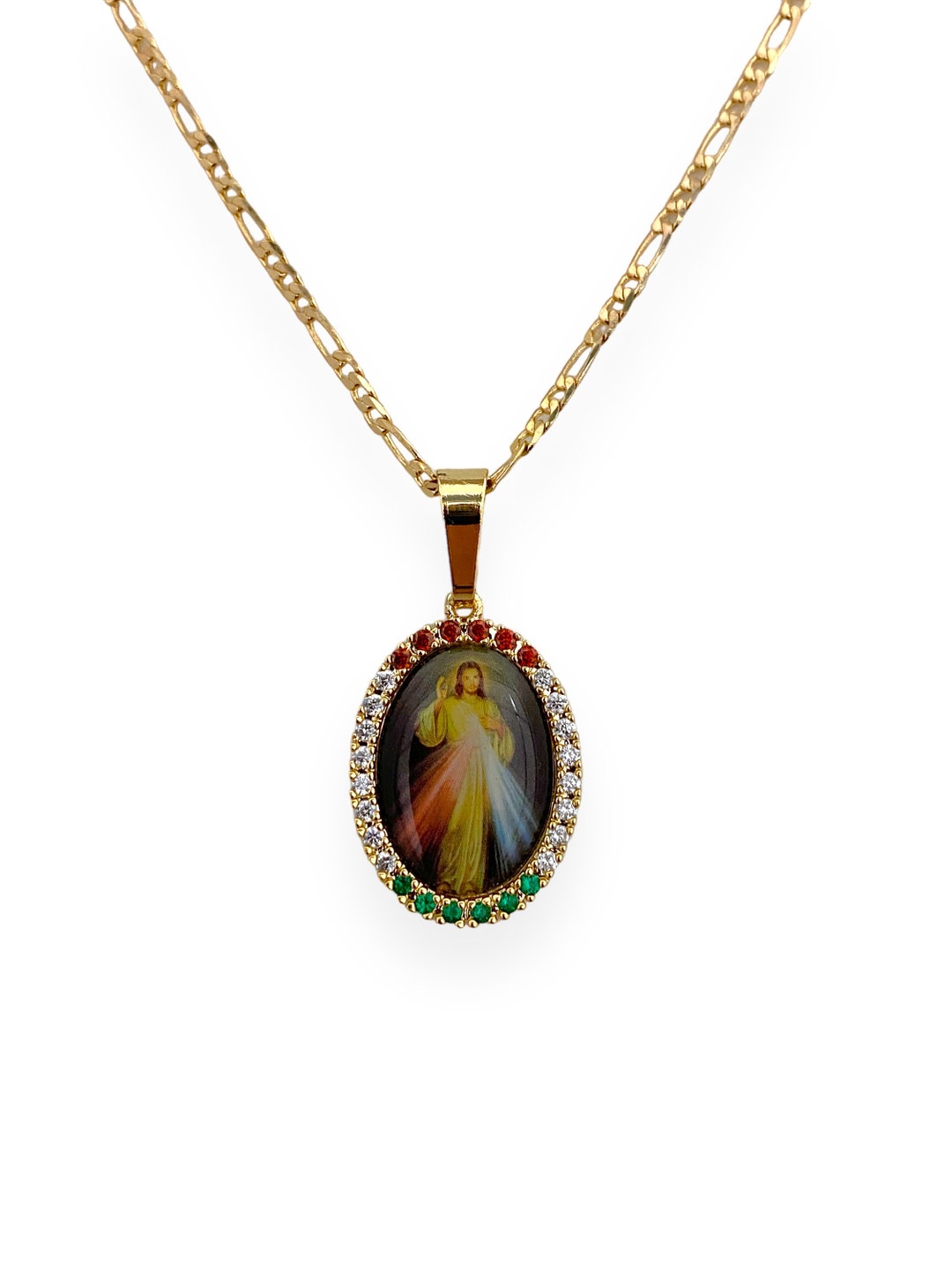 Divine Mercy Gold Tone Medal Pendant Black String Necklace Collar Divina  Misericordia Catholic Gift