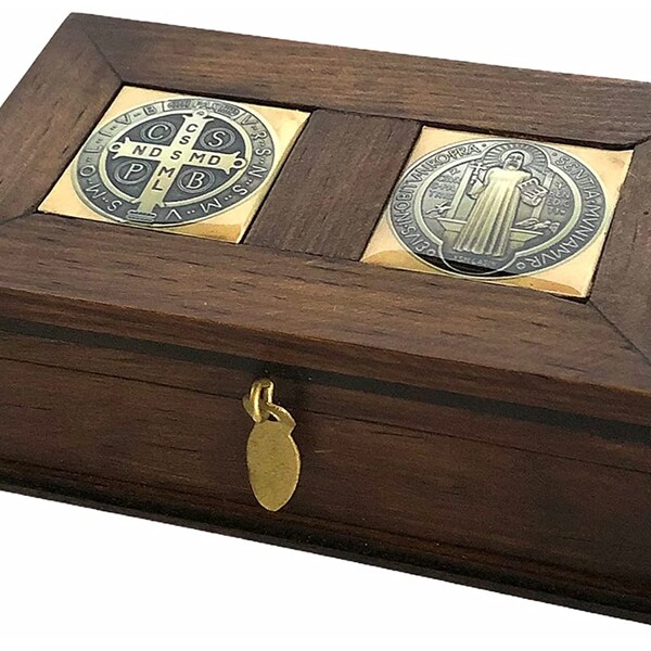 St. Benedict Medal Wood Box Keepsake Chest Trinket Rosary Jewelry San Benito Cajita de Madera Catholic Religious Christian Gift Patron Saint