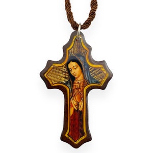 Our Lady of Guadalajara Virgin Mary Brown Wood Scapular Necklace Cross Pendant Corded Roped Virgen de Guadalupe Escapulario Collar Gift