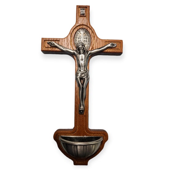 St Benedict Cross Crucifix Holy Water Font Silver Toned Corpus Jesus Christ Home Decor Religious Gift Pila Fuente de Agua Bendita Madera