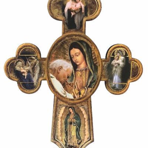 Our Lady of Guadalupe Virgin Mary Pope John Paul II Wooden Wall Cross 7.25" Virgen de Guadalupe Juan Pablo II Catholic Art Religious Gift