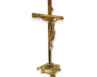 Gold Toned Metal Standing Cross Crucifix with Stand 12" Catholic Christian Religious Gift Home Decor Cruz Crucifijo Communion Confirmation
