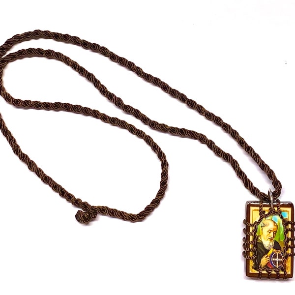 St. Benedict Protection Brown Wood Scapular Necklace Rectangular Pendant Woven Corded Roped San Benito Escapulario Collar Religious Gift