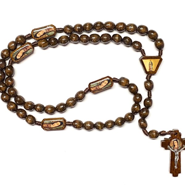 Rosario de cuentas de madera marrón Virgen de Nuestra Señora de Guadalupe, collar de oración, regalo religioso católico, recuerdo, Rosario de Madera Virgen de Guadalupe