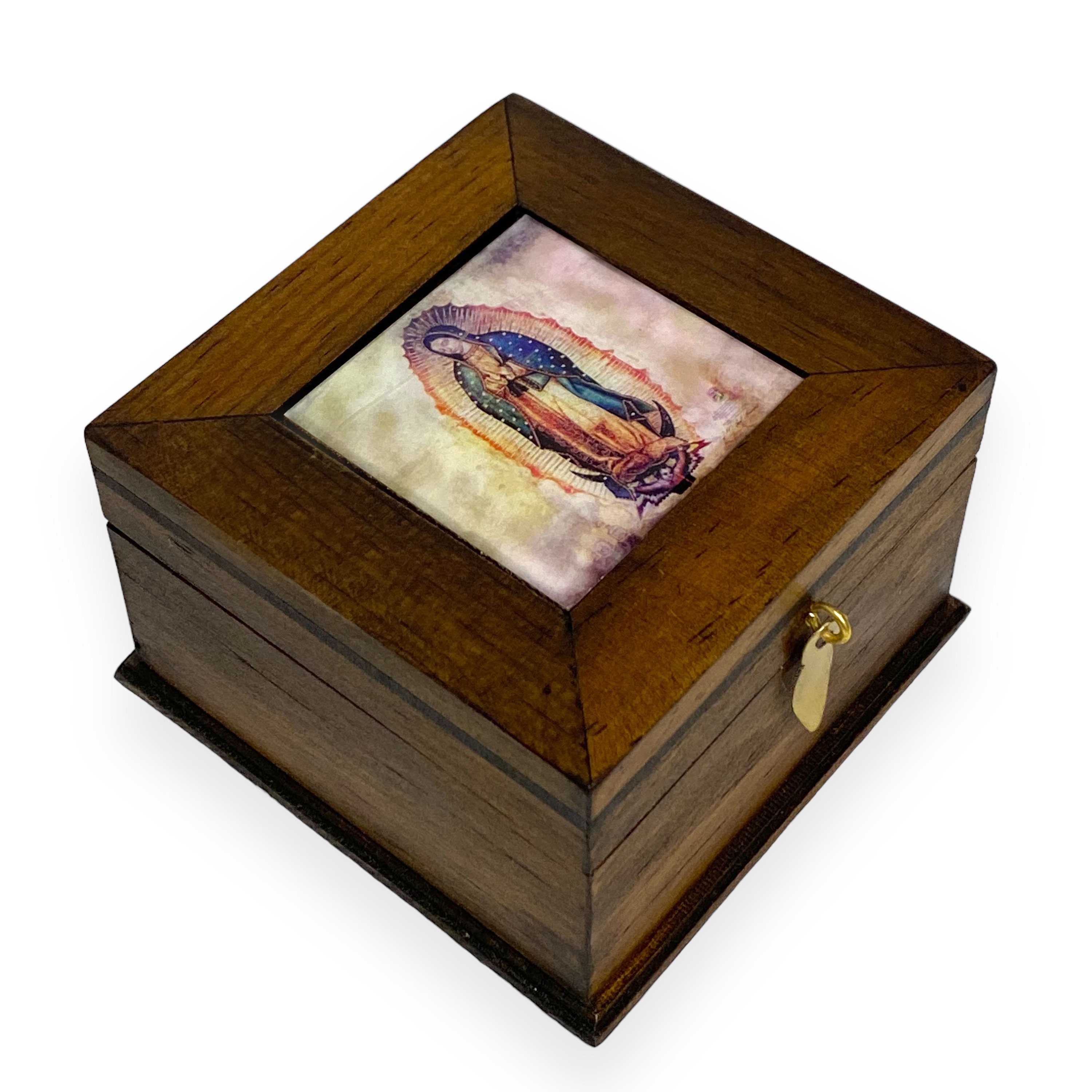 Small Hand Carved Wood Storage Box with Hinged Lid and Metal Cross  Decoration