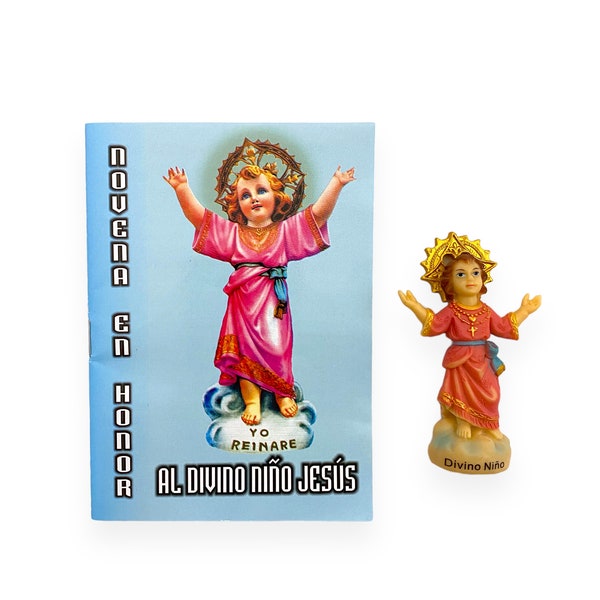 Novena En Honor al Divino Niño Jesus Español Librito Oracion Figura Estatua 3" Holy Divine Child Small Spanish Prayer Book Figurine Gift Set