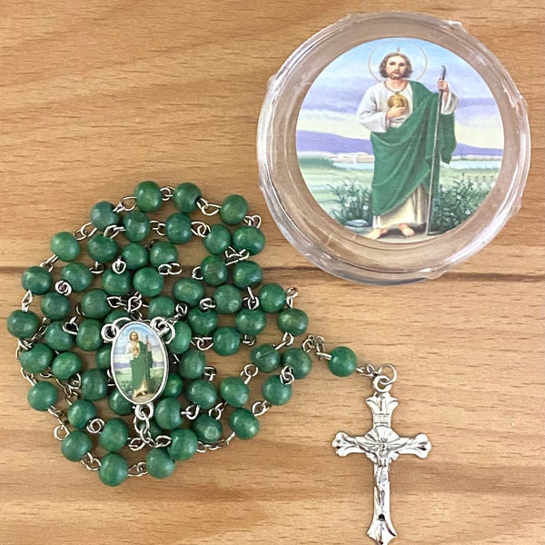 St. Jude of Thaddeus Green Rosary Necklace in Case Religious Gift Party Favor Prayer Catholic Rosario de San Judas Tadeo San Judas