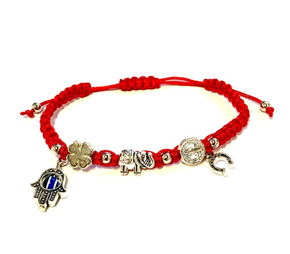 Red Evil Eye Protection Corded Adjustable Bracelet With Elephant
