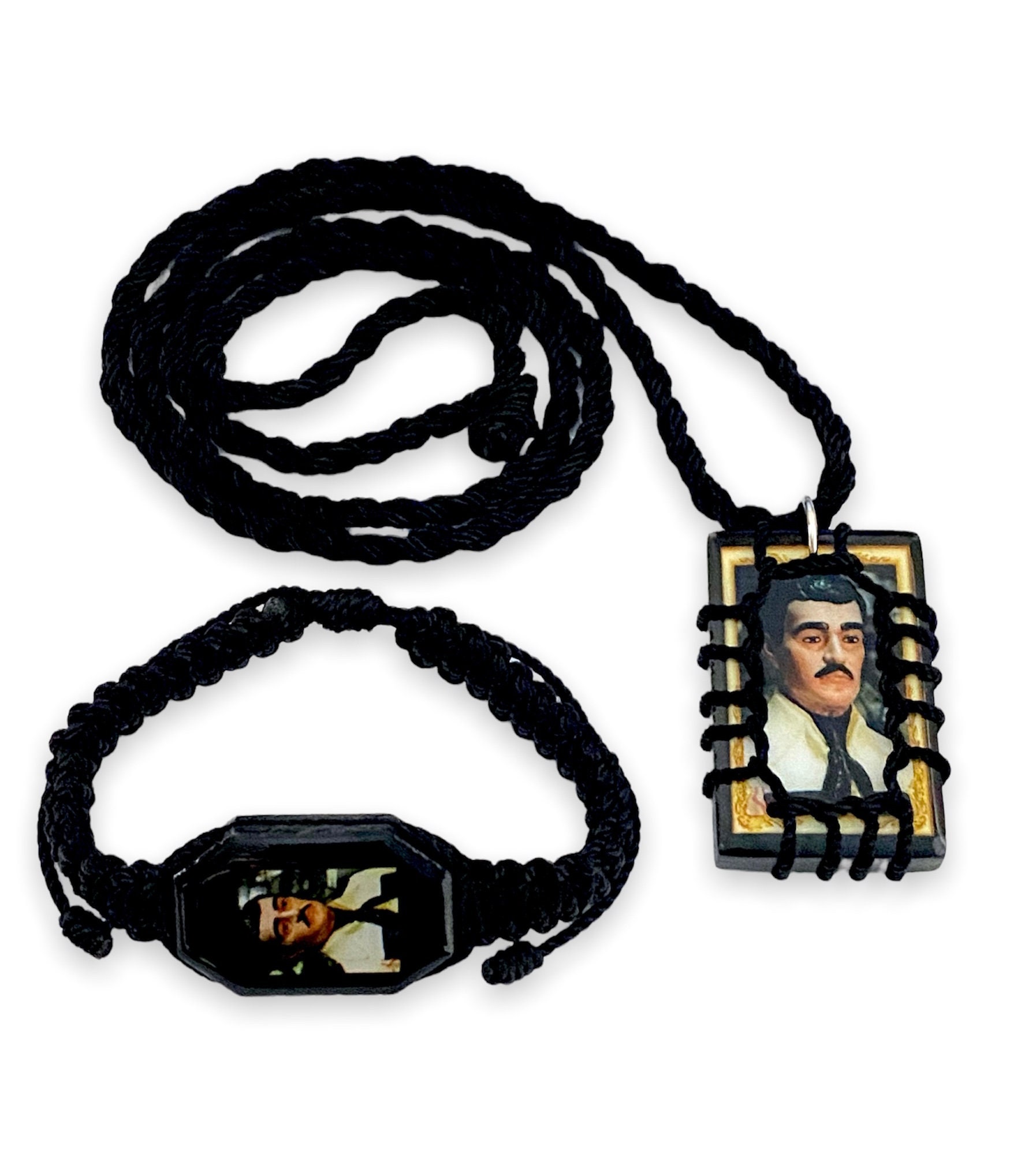 Jesus Malverde Black Gold Corded Adjustable Reversible Bracelet Women Men  Pulsera Negra Religious Gift
