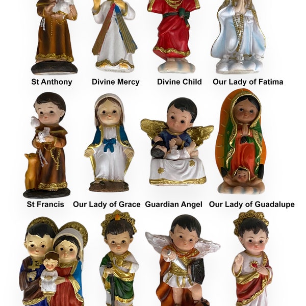 Collection Set of Twelve Mini Figurine Statues 4" St Jude St Michael Divine Mercy Jesus Virgin FatimaGuadalupe Guardian Angel Catholic Gift