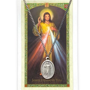 Divine Mercy Trust English or Spanish Holy Laminated Prayer Card Oxidized Medal Pendant Necklace Divina Misericordia Medalla Tarjeta Oración