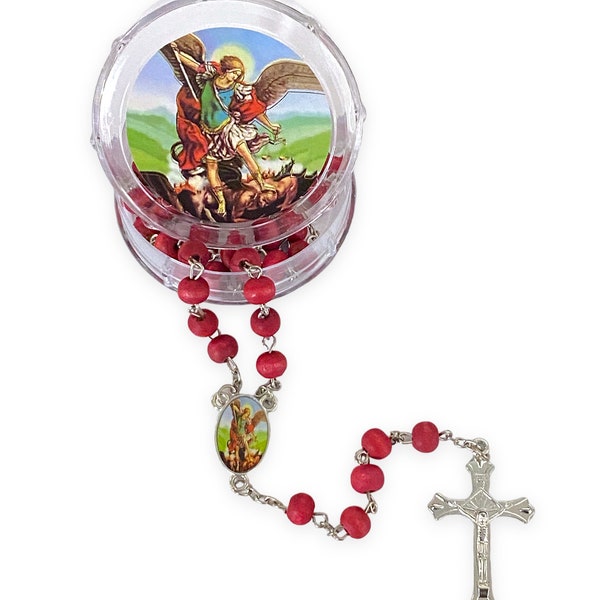 St. Michael Archangel Red Beaded Rosary Necklace in Case Religious Gift Party Favor Prayer Catholic Rosario de San Miguel Arcangel