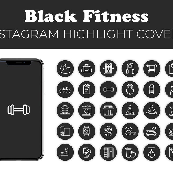 Fitness Instagram Highlight Covers - Black, Workout, Exercise, Gym, Social Media, Instagram Story Icons, Marketing, Branding, Digital