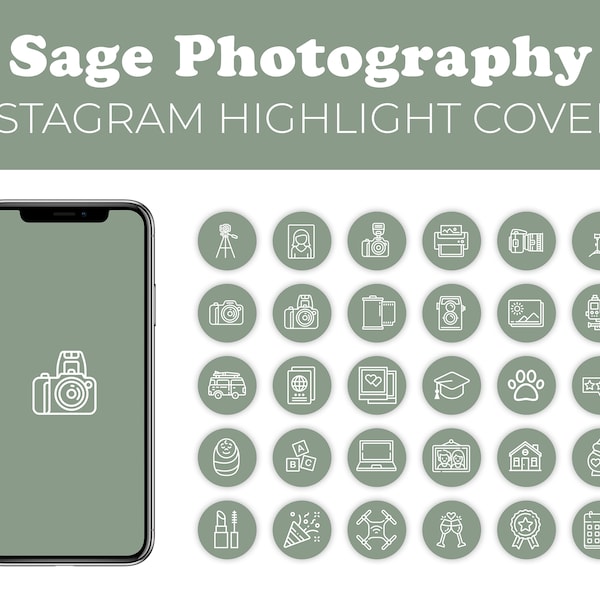 Photography Instagram Highlight Covers - Sage, Green, Photographer, Social Media, Instagram Story Icons, Marketing, Branding, Digital