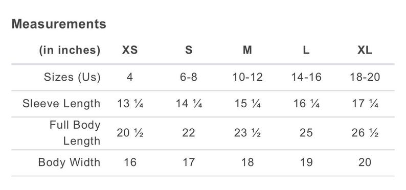 Puede incluir: Un gr&aacute;fico blanco titulado "Medidas" muestra informaci&oacute;n de tallas para ropa. Las medidas est&aacute;n en pulgadas, incluyendo tallas (US), largo de manga, largo total del cuerpo y ancho del cuerpo, con tallas que van de XS a XL.
