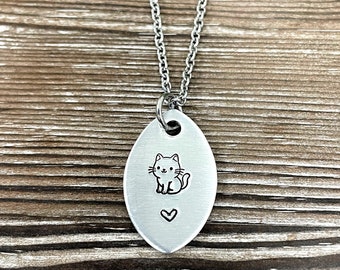 Cute Cat Heart Fun Animal Themed Hand Stamped Necklace