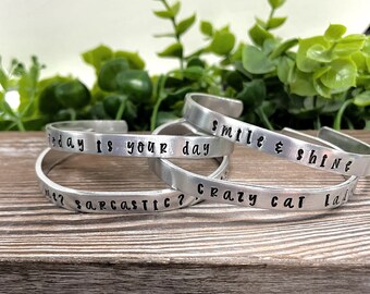 Hand Stamped Cuff Bracelet Smile and Shine - Can be d