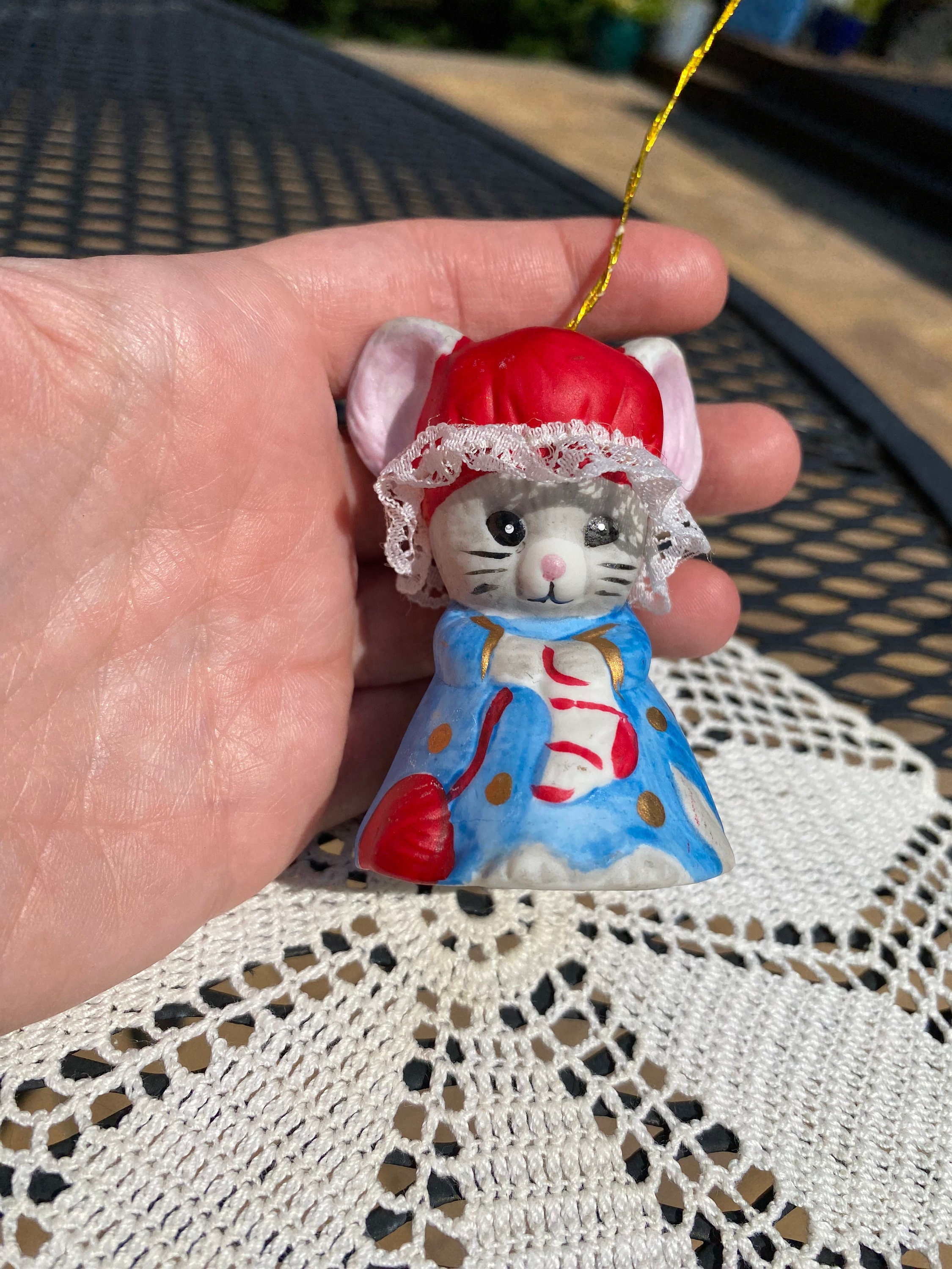 Vintage Christmas Mouse Bell // Knitting Bonnet With Lace Porcelain ...