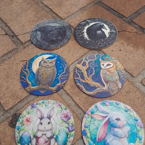 May include: Six round wooden coasters with different designs. Two coasters feature black and white illustrations of owls, two coasters feature colourful illustrations of owls, and two coasters feature colourful illustrations of bunnies.