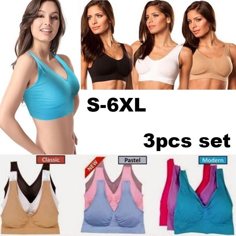 Women Padded Wireless genie bra Seamless push up Sport plus size underwear  3pcs