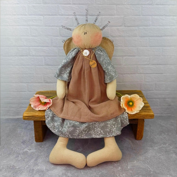 Soft Sculpture Doll Angel Figurine: Rustic Primitive Style - Fabric Wire Frame, Whimsical Shelf Decor, Artisan Crafted Gift