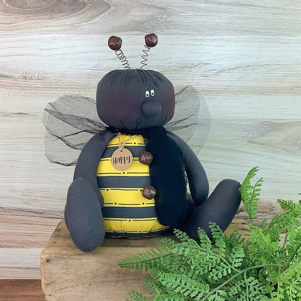 Happy the Bee - Handmade Whimsical Honey Bee Soft Sculpture Collectible for Spring and Summer Décor by Honey and Me, Inc™