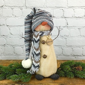 Honey And Me Snowman Doll Soft Sculpture, Colorado Winter Decor, Grey Patterned Scarf (10.5", Handcrafted, Seasonal Accent)