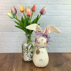 May include: A white fabric bunny with purple and plaid fabric accents and a name tag that says "Riva". The bunny is sitting on a wooden surface with a vase of colorful tulips in the background.