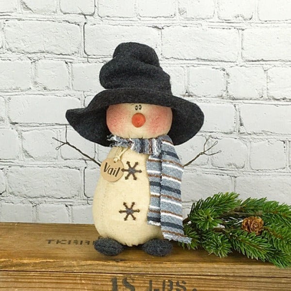 Top Hat Snowman Soft Sculpture Doll: Farmhouse Christmas Charm - Grey Patterned Scarf, Black Felt Hat, 8 Inch Seasonal Decor