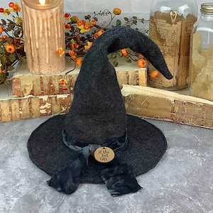 May include: A black witch hat with a wide brim and a tall pointed crown. The hat has a black velvet ribbon tied around the base with a wooden tag that reads "If the hat fits..."