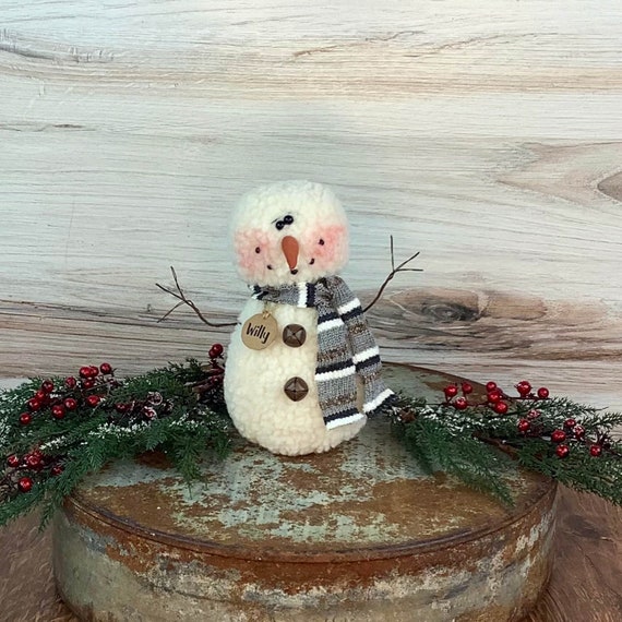 Wooly Snowman Doll - Cozy Winter Decor, Soft Sculpture with Grey Scarf, Wool Fabric, Mantle Display