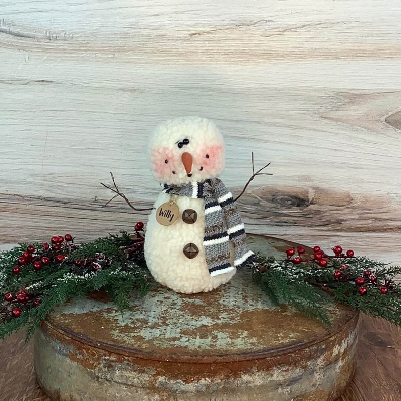 Wooly Snowman Doll - Cozy Winter Decor, Soft Sculpture with Grey Scarf, Wool Fabric, Mantle Display Bild 1