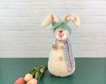 Fuzzy Bunny Girl Soft Sculpture Doll: Rustic Primitive Rabbit - Handmade Plush, Easter Home Accent, Posable Ears
