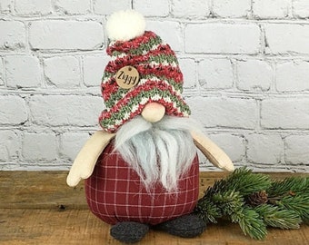 Christmas Gnome Doll: Striped Holiday Hat, Fluffy Grey Beard - Soft Sculpture, Vibrant Red Body, Winter Holiday Gift