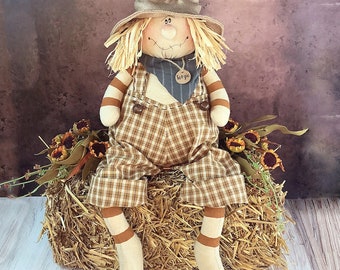 Scarecrow Doll Soft Cozy Autumn Sculpture: Sergio Goofy Character, Plaid Overalls, Tan Hat | Handmade, 19 Inch, Rustic Decor
